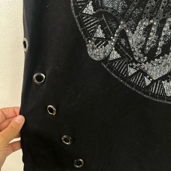 Affliction Womens Black Graphic Tee Size M‎ Bull Skull Studded Boho Western - Picture 5 of 11